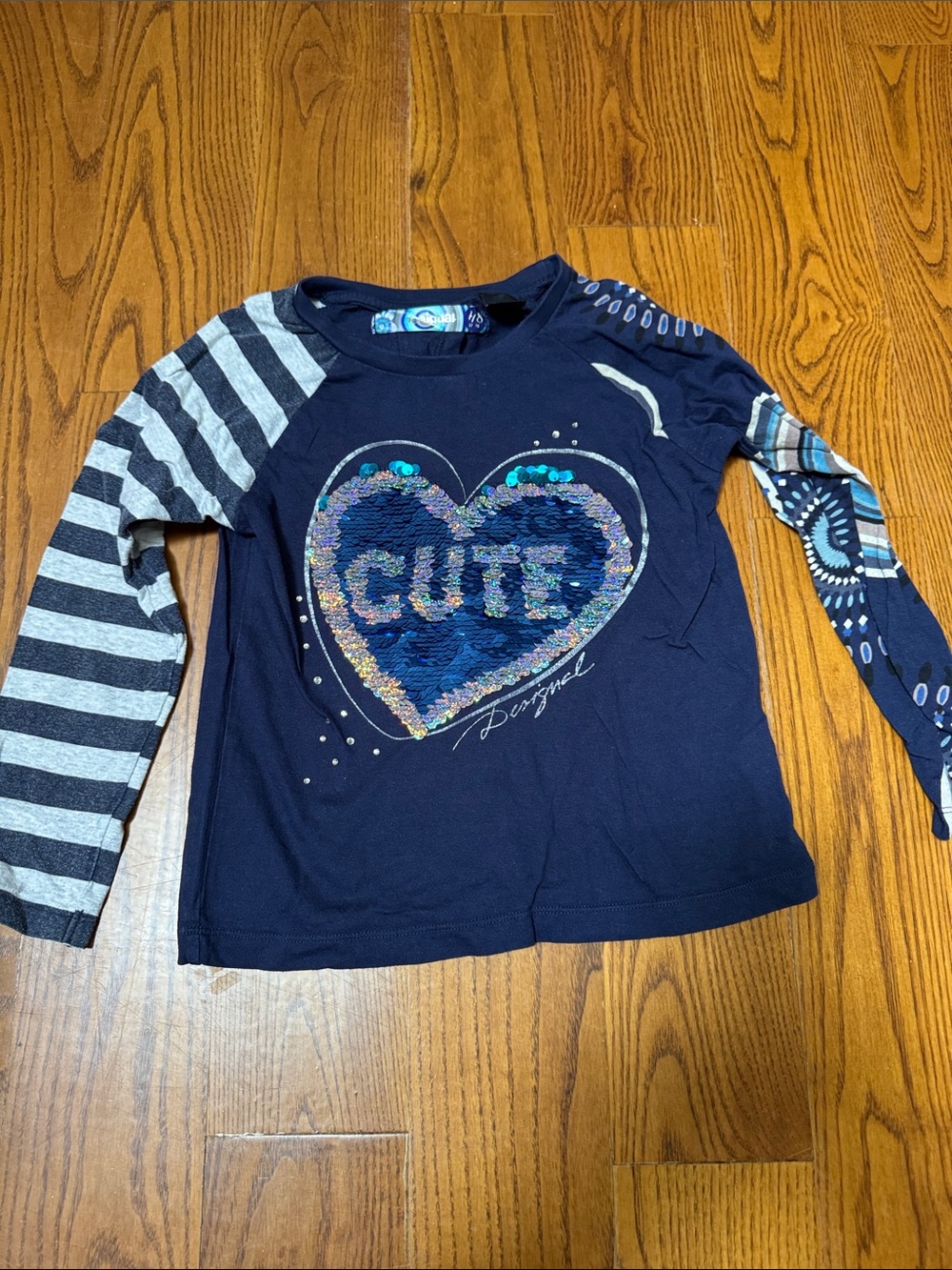 Desigual Navy Long-Sleeve Top with Sequin Heart